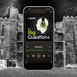 background shows a castle in black and white with lightning in the sky, in the foreground a phone showing an episode of IFLScience podcast the big questions