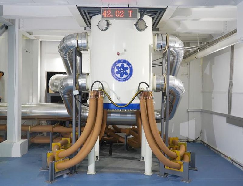 A photo showing the resistive magnet. It looks like a cylindrical body on four tubular legs. It has two sets of brown cables running from its bottom, two on each side, and two thick silver tubes on each side positioned in the middle and at the top of the device. The whole thing is located reaches from floor to ceiling in a room with a blue floor.