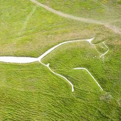 An areal photo showing the iconic Uffington White Horse carved into the green hillside. 