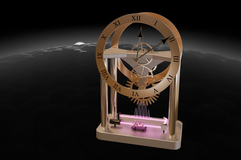 A 3D render of a mechanical clock but the bottom dial is being moved by a the wave frequency of an atom (which is made enormous to do that)