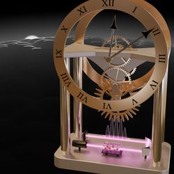 A 3D render of a mechanical clock but the bottom dial is being moved by a the wave frequency of an atom (which is made enormous to do that)