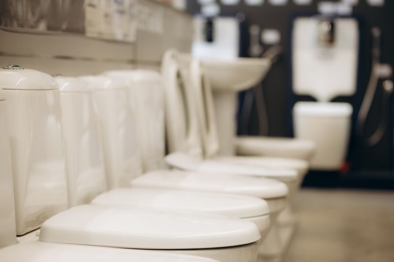 A row of white toilets on display in a shop