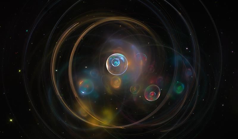 A 3d renders of spheres and circles on a black background to examplify a particle plasma