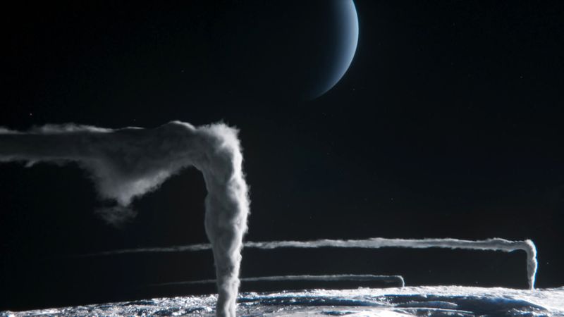 Two plumes rise in the thin atmosphere of the moon before trailing away from high altitude winds. A neptune crescent is visible in the backgroun