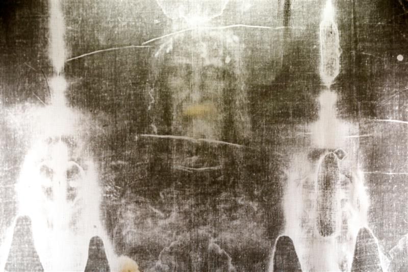 An X-ray image of the Turin Shroud showing the imprint of a male face. 