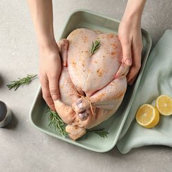 Woman preparing whole turkey at table, top view