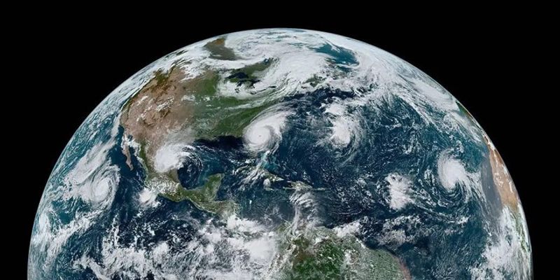 Two hurricanes and two tropical storms in the Atlantic basin on September 4, 2019, as seen from the GOES-16 satellite