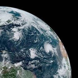 Two hurricanes and two tropical storms in the Atlantic basin on September 4, 2019, as seen from the GOES-16 satellite