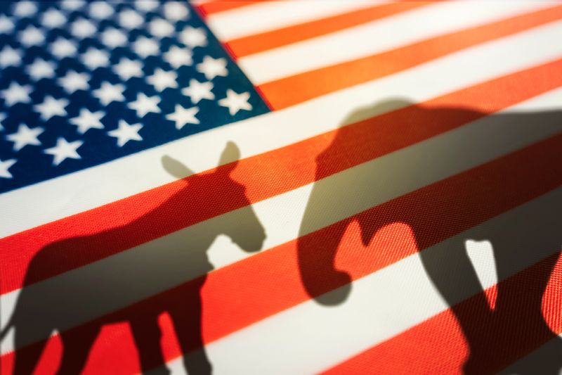 American flag with the shadows of a donkey and an elephant superimposed on top; the donkey represents the Democrat party and the elephant the Republican party.