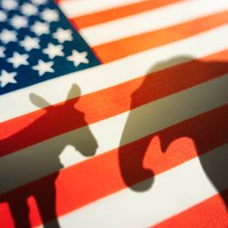 American flag with the shadows of a donkey and an elephant superimposed on top; the donkey represents the Democrat party and the elephant the Republican party.