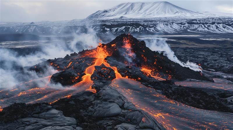 A photo of a volcano erupting in Iceland. The image shows the almost black body of the volcano in the image with lava flowing down it. There are plumes of steam and gas issuing from its surface. In the background a snow covered mountain is visible. 