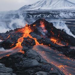 A photo of a volcano erupting in Iceland. The image shows the almost black body of the volcano in the image with lava flowing down it. There are plumes of steam and gas issuing from its surface. In the background a snow covered mountain is visible. 