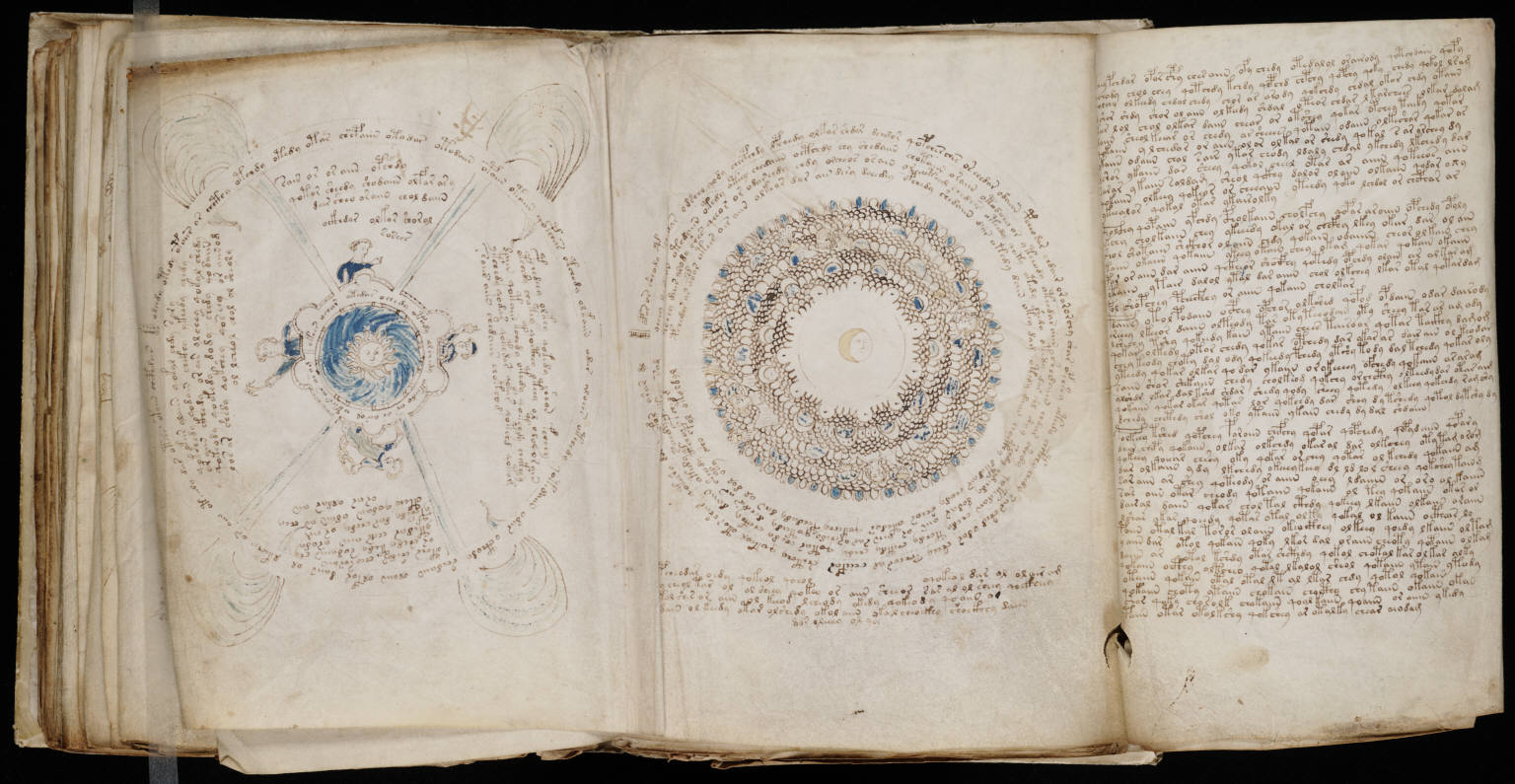 Fold out pages from the astrology and astronomy section of the Voynich manuscript.