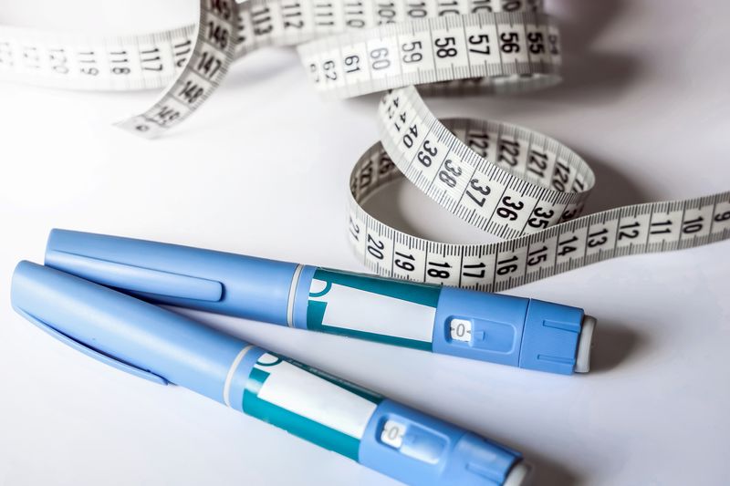 injection pens, used to administer drugs like Ozempic, on a table with a curled up tape measure