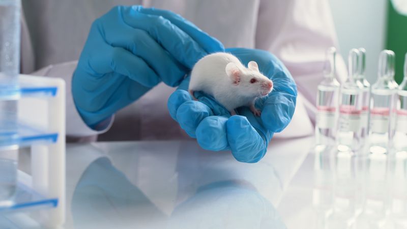 White mouse in a scientist's blue-gloved hands in a laboratory setting