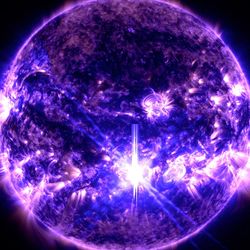 NASA’s Solar Dynamics Observatory captured the largest solar flare of solar cycle 25 yet – an X.90 flare seen as the bright flash in the center – on October 3, 2024.  