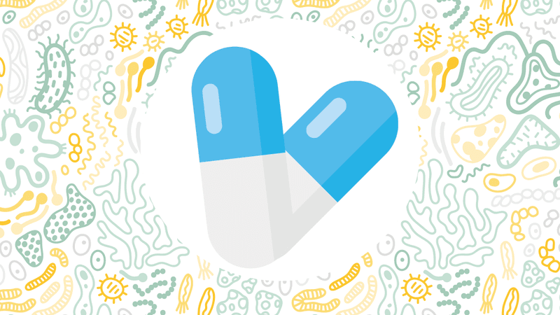 illustration of bacteria in the background, illustration of two white and blue pills within a circle in the foreground