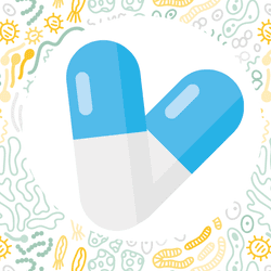 illustration of bacteria in the background, illustration of two white and blue pills within a circle in the foreground