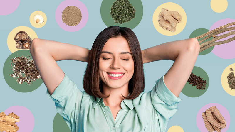 smiling woman with eyes closed and hand behind her head, on a background of a muted blue with lilac, sage green, and light yellow circles, some of which contain images of adaptogenic spices