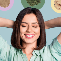 smiling woman with eyes closed and hand behind her head, on a background of a muted blue with lilac, sage green, and light yellow circles, some of which contain images of adaptogenic spices