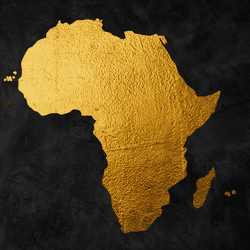 african continent shown as gold foil on black card