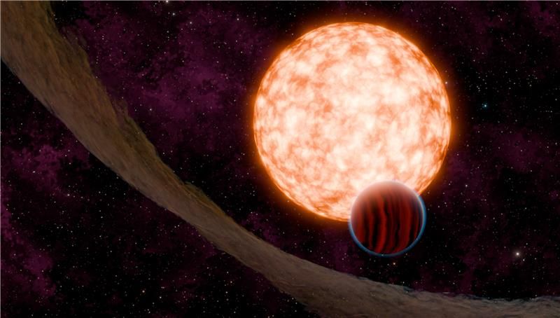 An artist's depiction of the system showing the host star, transiting planet, misaligned transition disk, and wide binary companion (in the background)