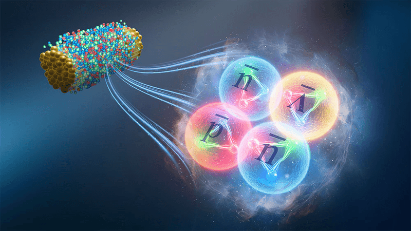 An artistic representation of antihyperhydrogen-4 — an antimatter hypernucleus made of an antiproton, two antineutrons, and an antilambda particle each represent as little glowing spehres