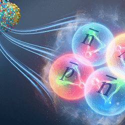 An artistic representation of antihyperhydrogen-4 — an antimatter hypernucleus made of an antiproton, two antineutrons, and an antilambda particle each represent as little glowing spehres