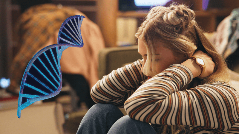 section of DNA (left); young woman hunched over looking stressed (right)