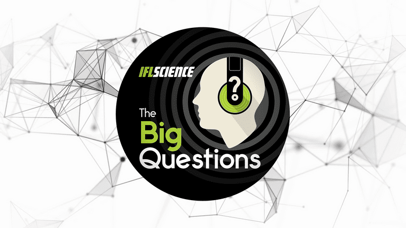 The IFLScience The Big Questions podcast logo, a head with earphones that have question marks on them