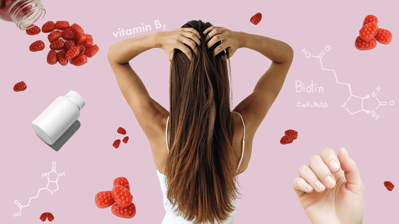 collage of images on a light pink background; there are pink, raspberry-shaped gummy vitamins, pill bottles, a hand showing the nails, a woman shown with her back to the viewer running her hands through her long brown hair, and illustrations of the chemical structure of biotin in white with the words "biotin" and "vitamin B7"