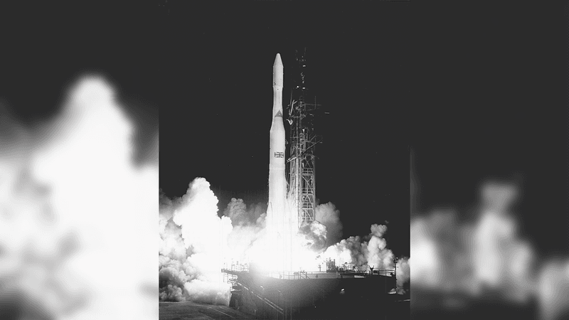 Black and white photograph of Skynet-1A being launched from Cape kennedy's Complex