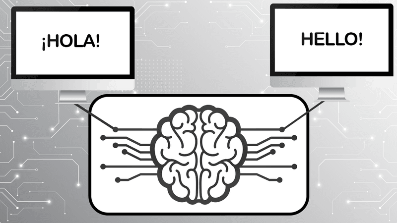 illustration of brain wired to two different computer screens, one reading "Hello" and the other "Hola" to illustrate that the implant in this research was able to decode both English and Spanish words