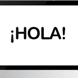 illustration of brain wired to two different computer screens, one reading "Hello" and the other "Hola" to illustrate that the implant in this research was able to decode both English and Spanish words