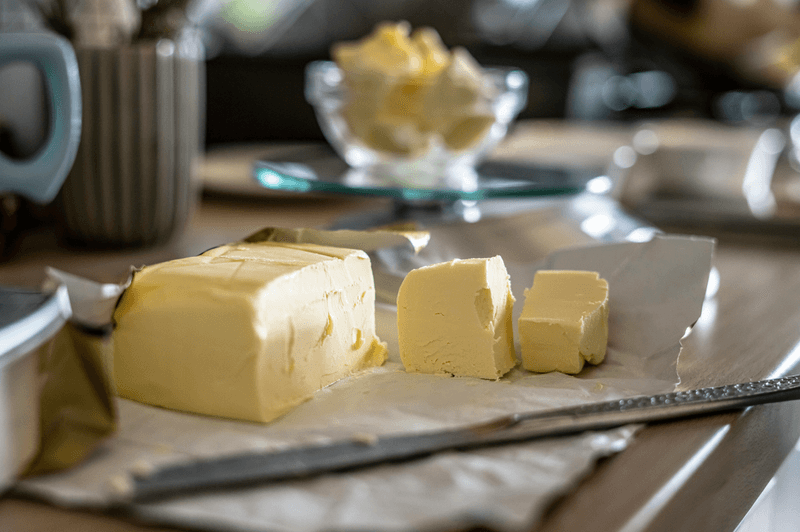 A block of butter on a restaurant table with food