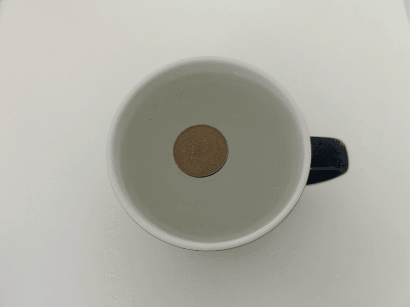 Cup with frozen water and a coin on top. 