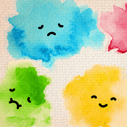 Colorful clouds with a range of different facial expressions.