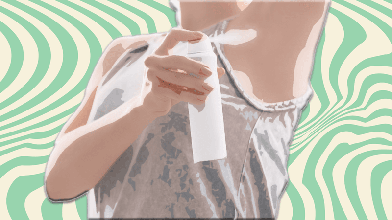 illustration of someone spraying deodorant under their arms with a wavy green and cream background