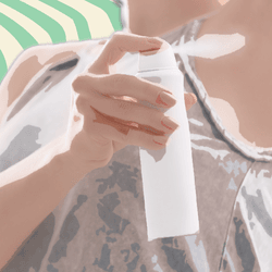 illustration of someone spraying deodorant under their arms with a wavy green and cream background