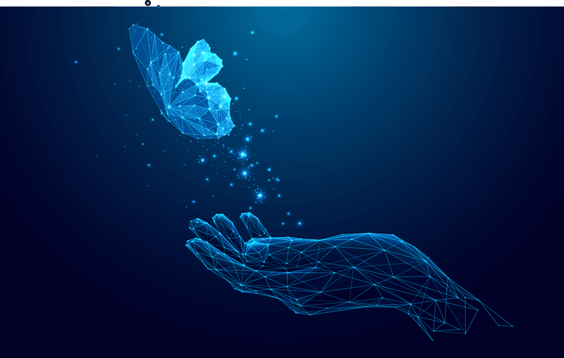 Blue graphic of a butterfly flying out of a hand. The graphic is blue dots