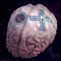 3D illustration of the brain with a circular and a cross-shaped patch to indicate where the dural membrane has been repaired; background shows stars and clouds in muted shades of purple and maroon.