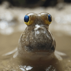 a dusky gilled mudskipper in the shallows, on mud, it has big eyes