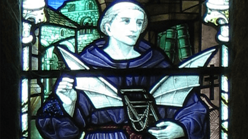 Eilmer of Malmesbury depicted in a stained glass window.