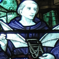 Eilmer of Malmesbury depicted in a stained glass window.