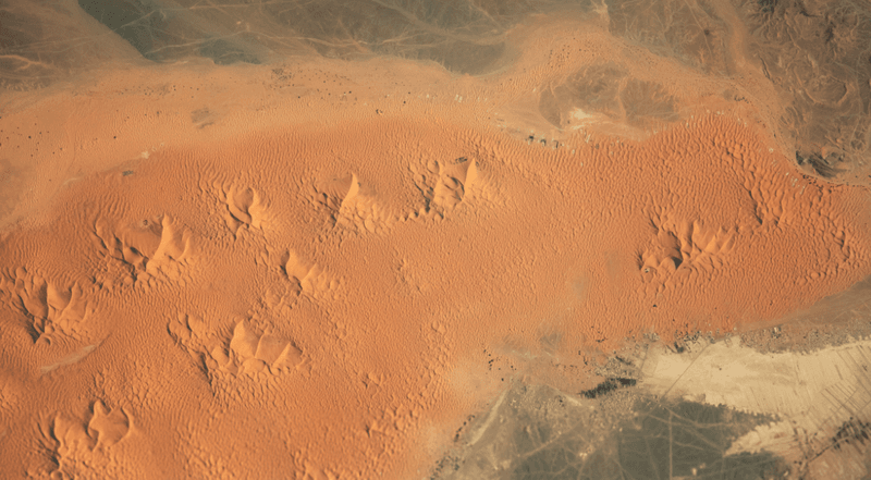 An aerial view of Erg Chebbi in southeastern Morocco, not far from the border with Algeria.