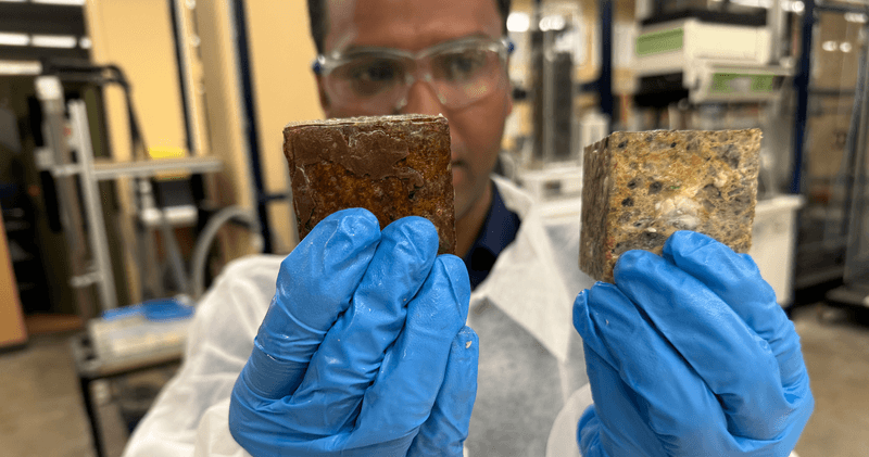 Dr Biplob Pramanik comparing a concrete block coated with his anti-fatberg zinc-polyurethane hybrid after being placed for 30 days in a hightened sewer environment, compared with an uncoated one. The white blobs are fat oil and grease.