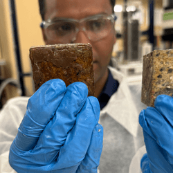 Dr Biplob Pramanik comparing a concrete block coated with his anti-fatberg zinc-polyurethane hybrid after being placed for 30 days in a hightened sewer environment, compared with an uncoated one. The white blobs are fat oil and grease.