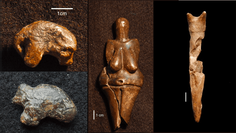 Four clay figures from the Pavlov archeological site: two mammoths, a human, and an owl