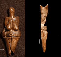 Four clay figures from the Pavlov archeological site: two mammoths, a human, and an owl