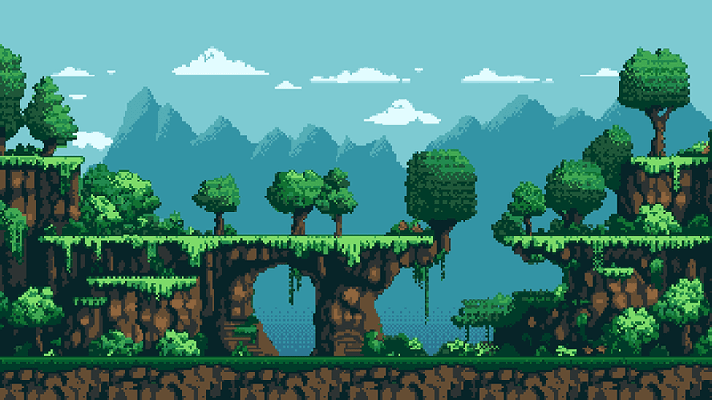 A 2D game with trees and grass.